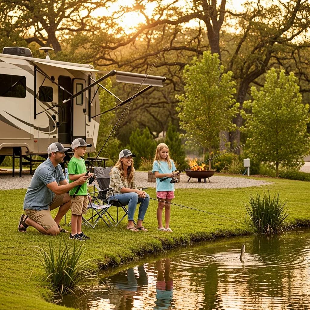 Family fishing at a private pond at The Oaks Campground, showcasing outdoor recreation