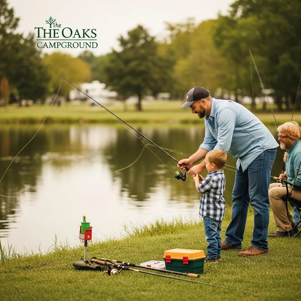 Parent helping child fish at The Oaks Campground pond