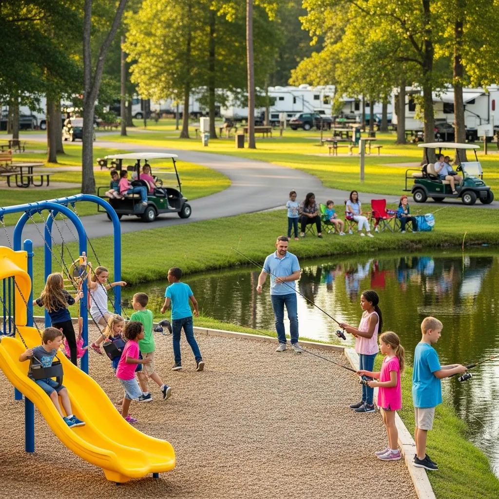 Playground, fishing pond, and golf cart trails at a family-friendly campground