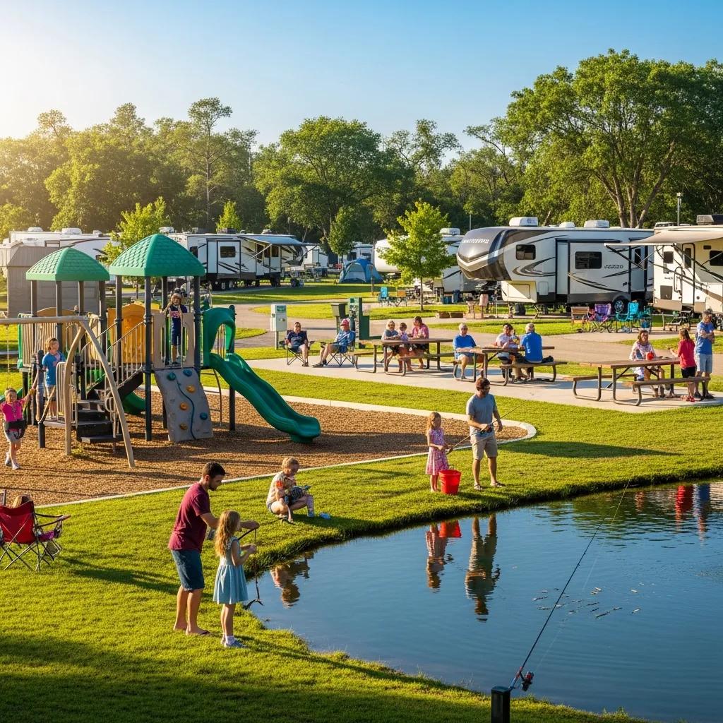 Playground, fishing pond, and picnic area — family amenities at a campground near Waterloo