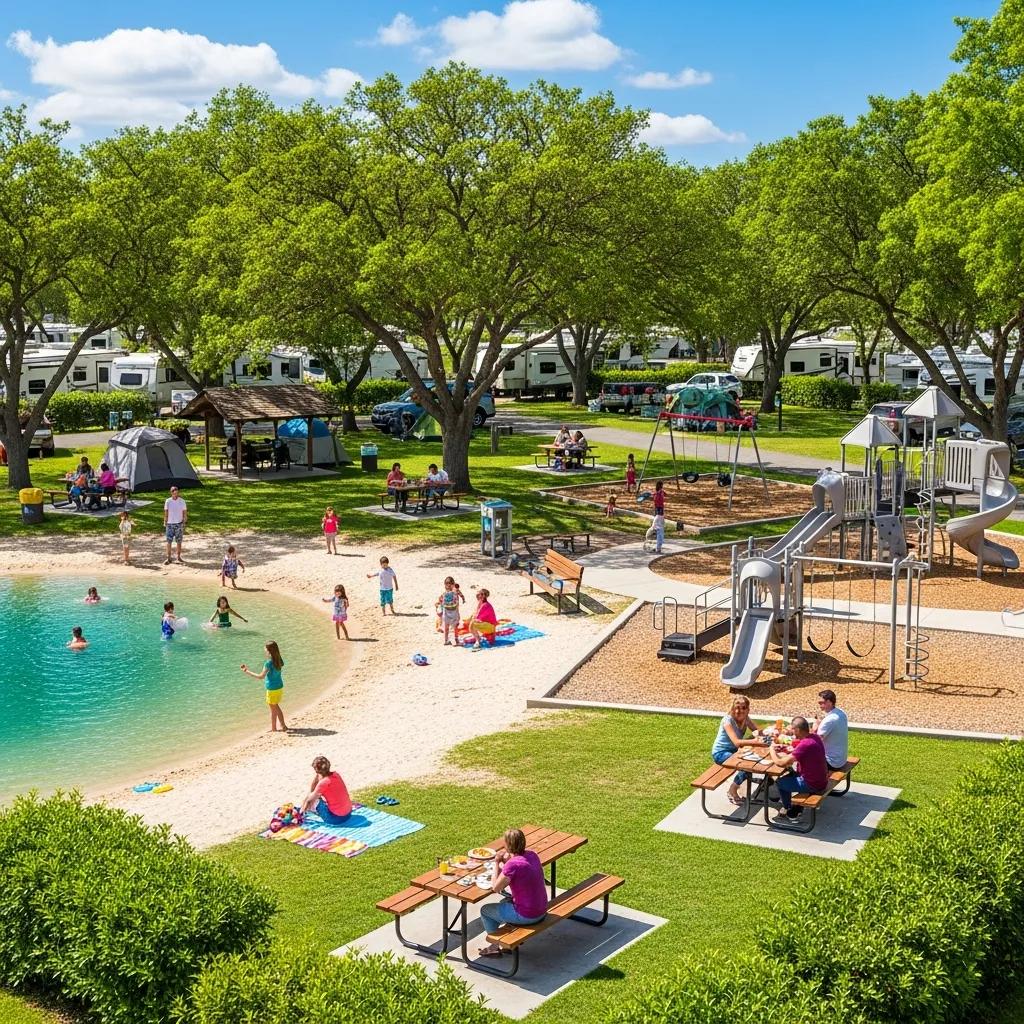 The Oaks amenities — swimming lake, playground, and family spaces beside riding access