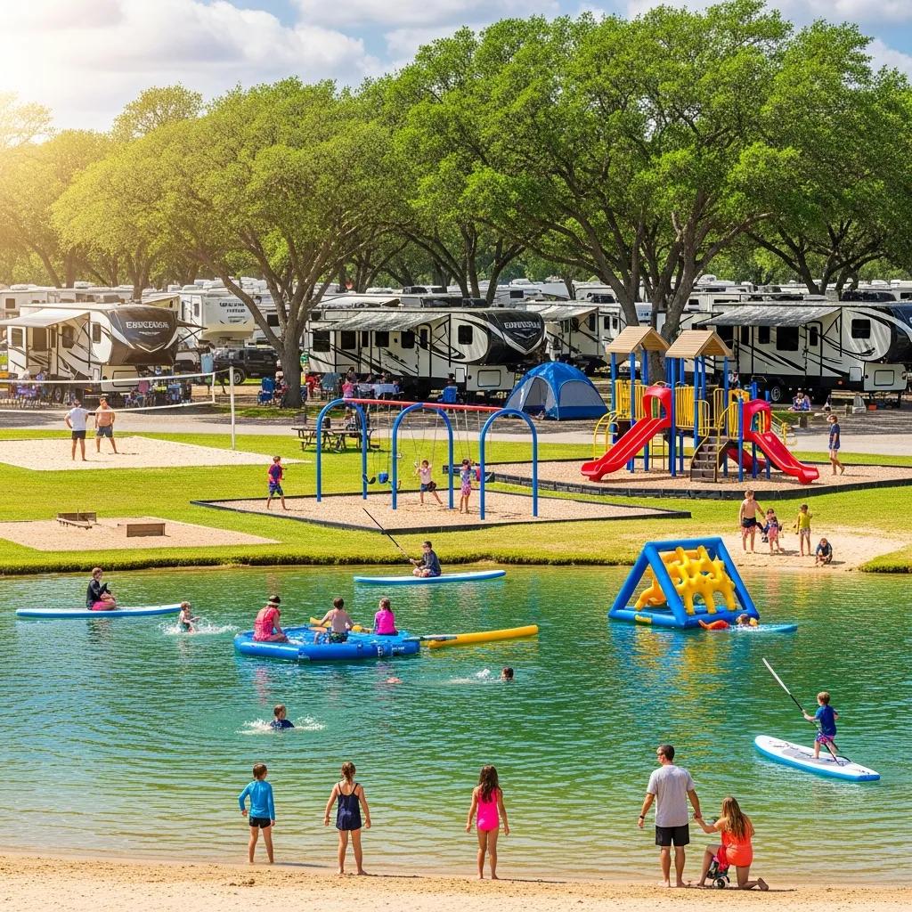 Family-friendly spaces at The Oaks with a swimming lake and play areas