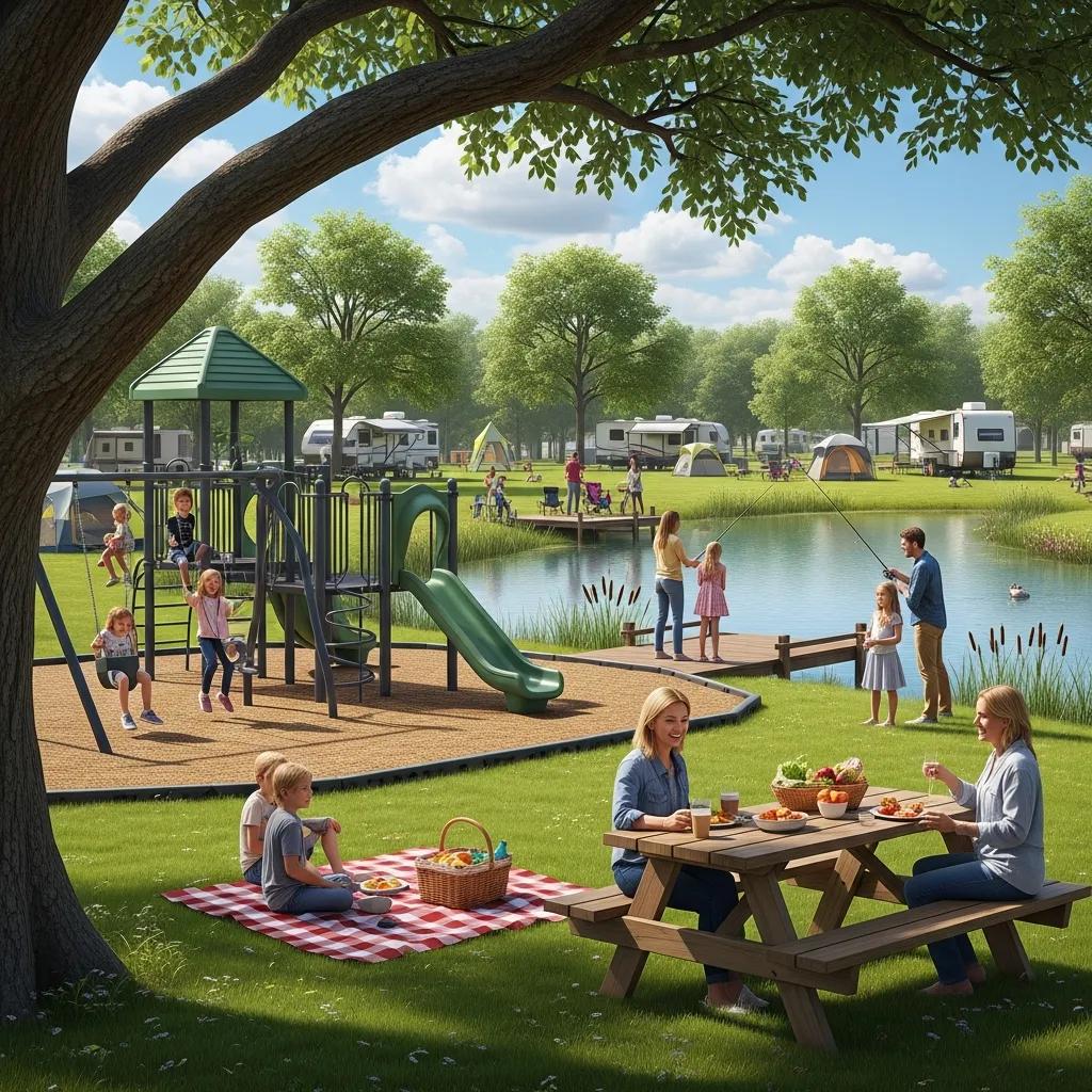 Playground, pavilion, and fishing pond amenities at The Oaks Campground for family fun and relaxation