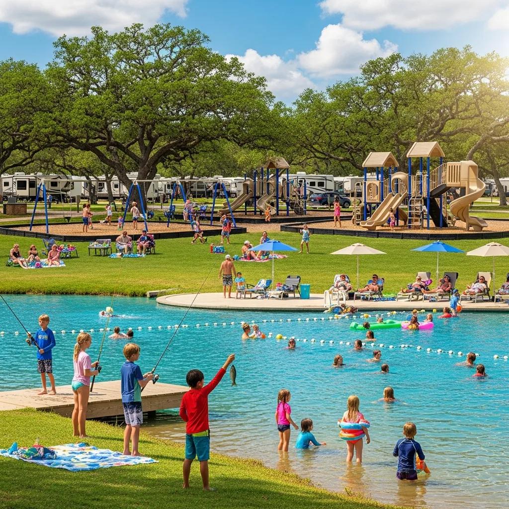 Swimming lake, fishing pond, and playgrounds at The Oaks Campground