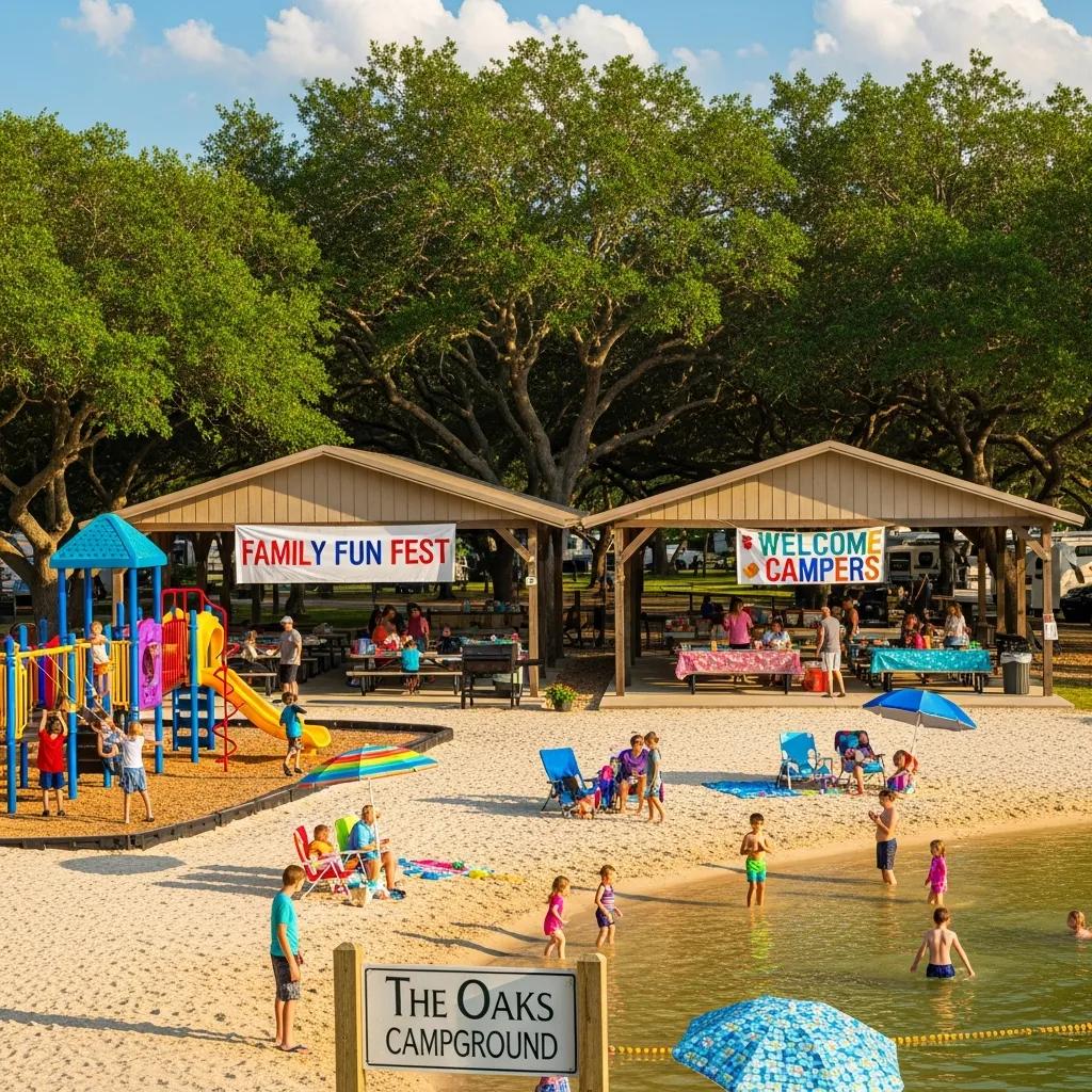 Swimming lake and playground at The Oaks Campground, showing family-friendly amenities