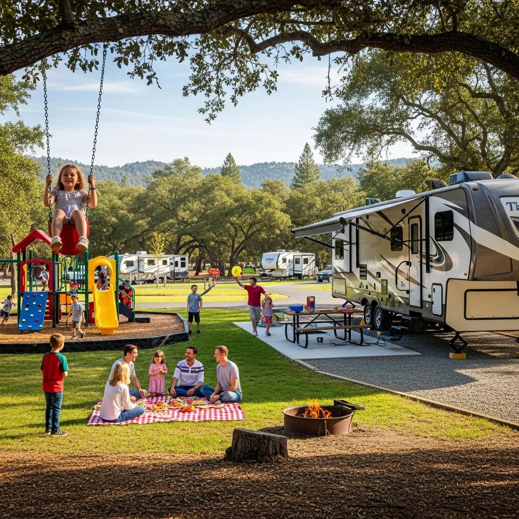 Family-friendly RV sites and playground at The Oaks Campground