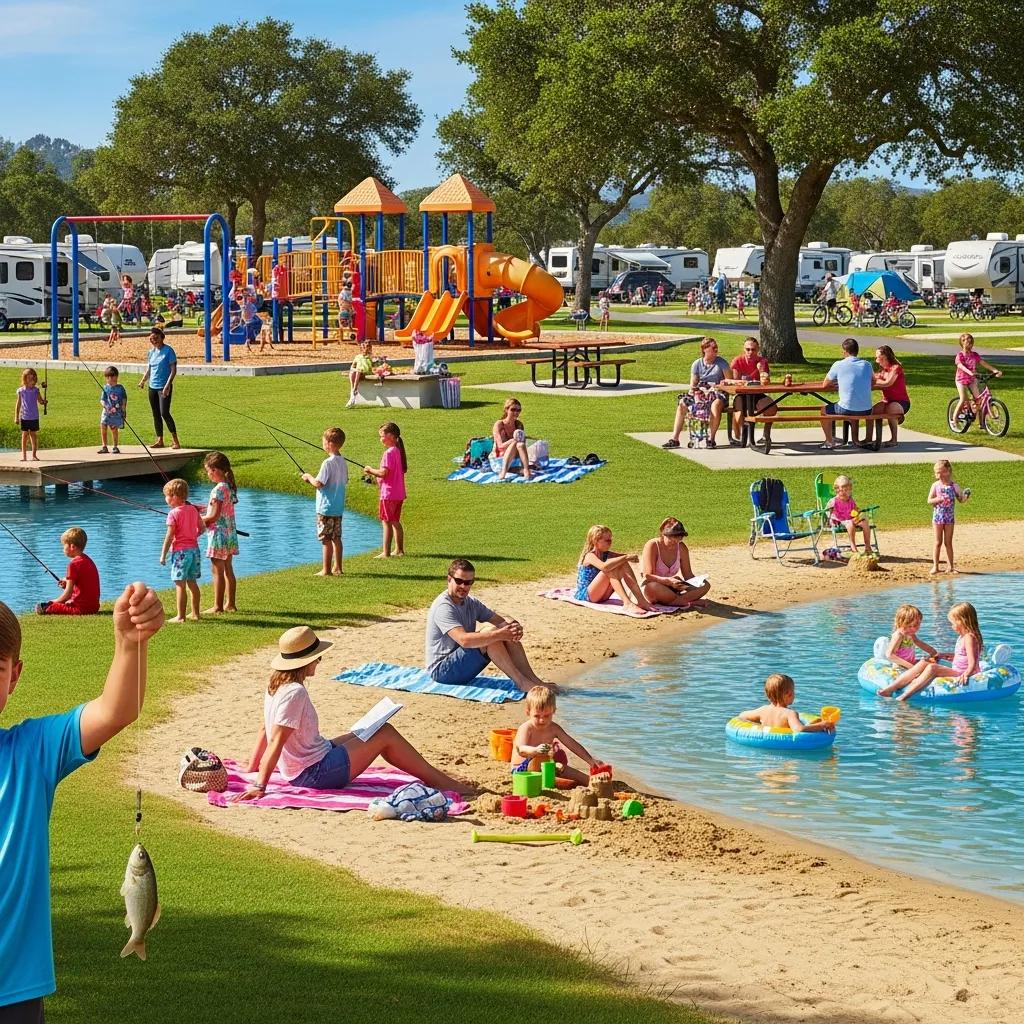Families enjoying a swimming lake, playgrounds, and outdoor activities at The Oaks Campground