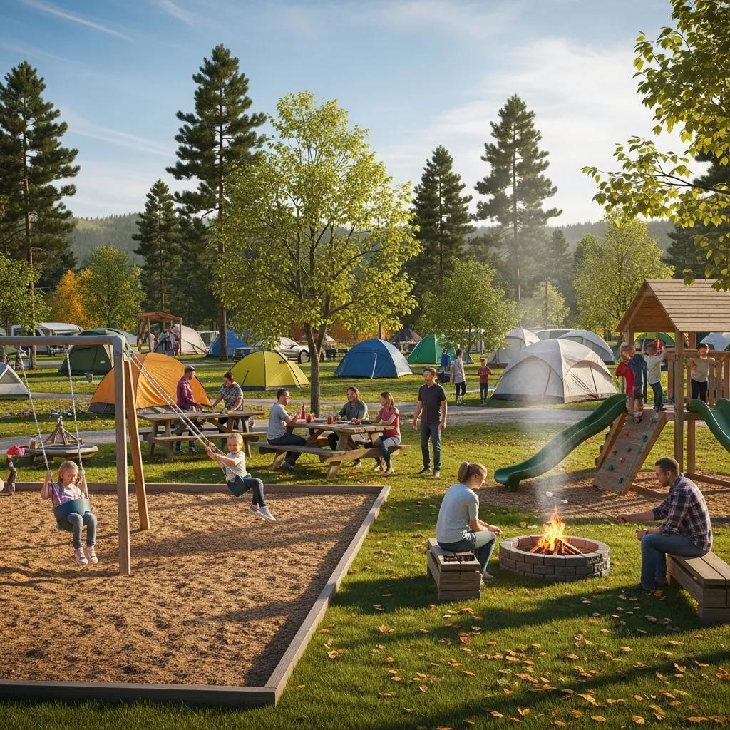 Family-friendly campground amenities including playground and picnic area