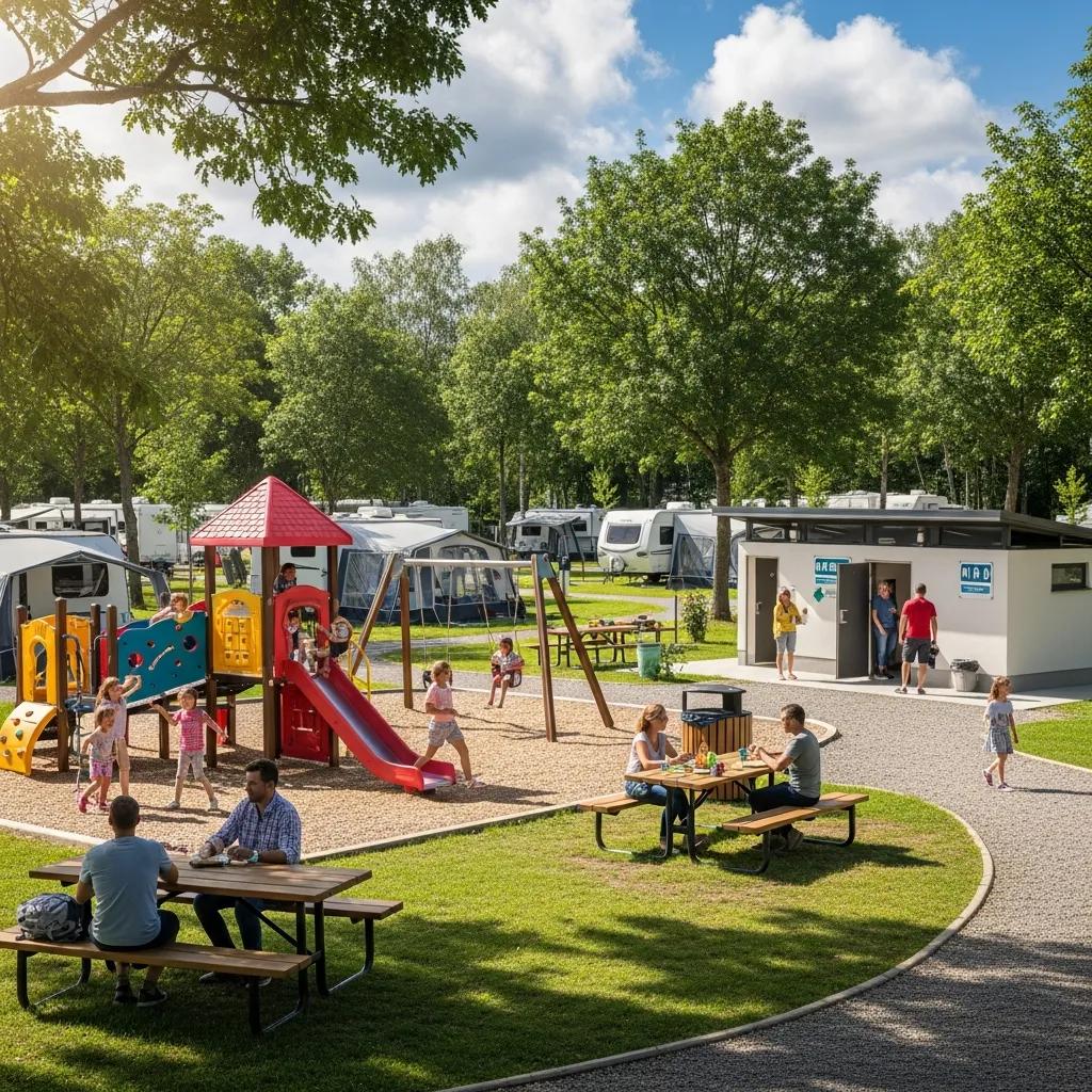 Playground and picnic area at a family-friendly campground showing comfort and convenience