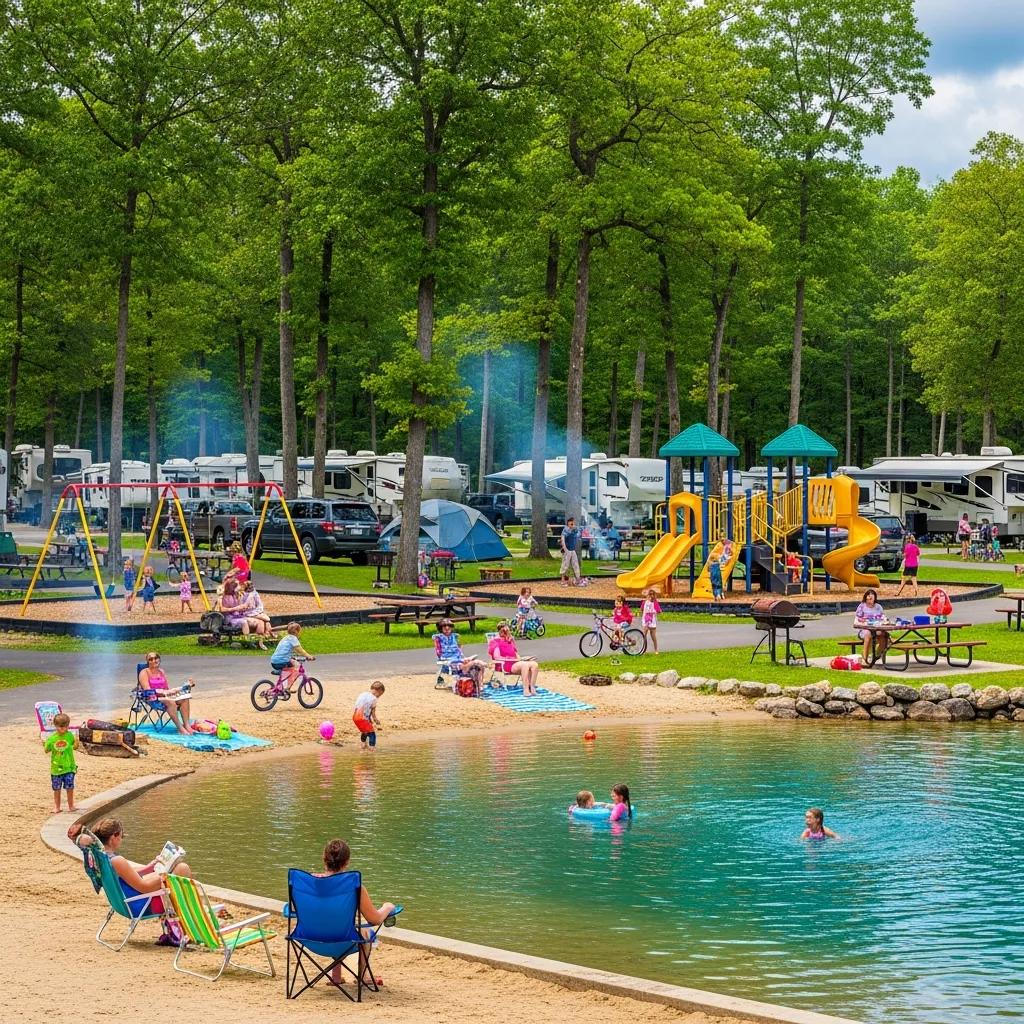 Family-friendly campground in Michigan featuring playground and swimming lake with families enjoying outdoor activities
