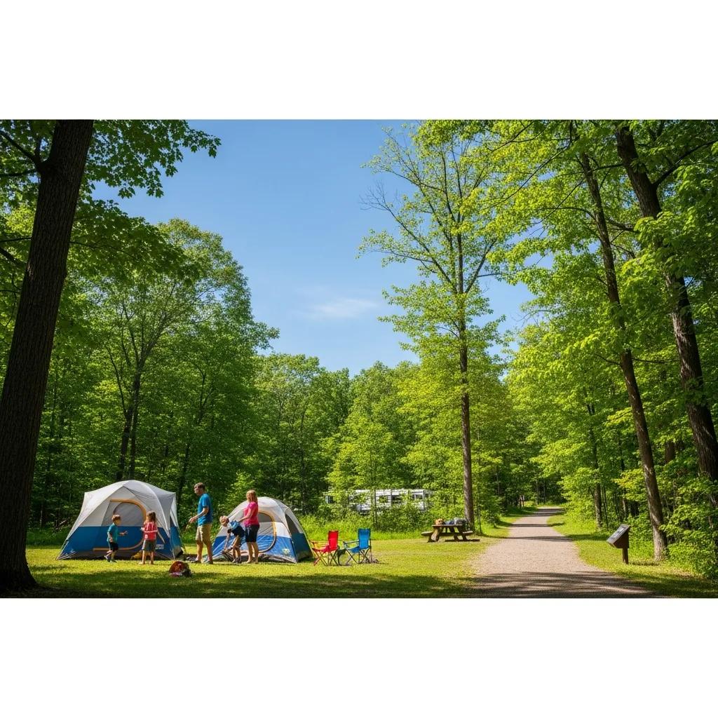Family-friendly campground in Michigan with hiking trails, showcasing outdoor adventure and nature