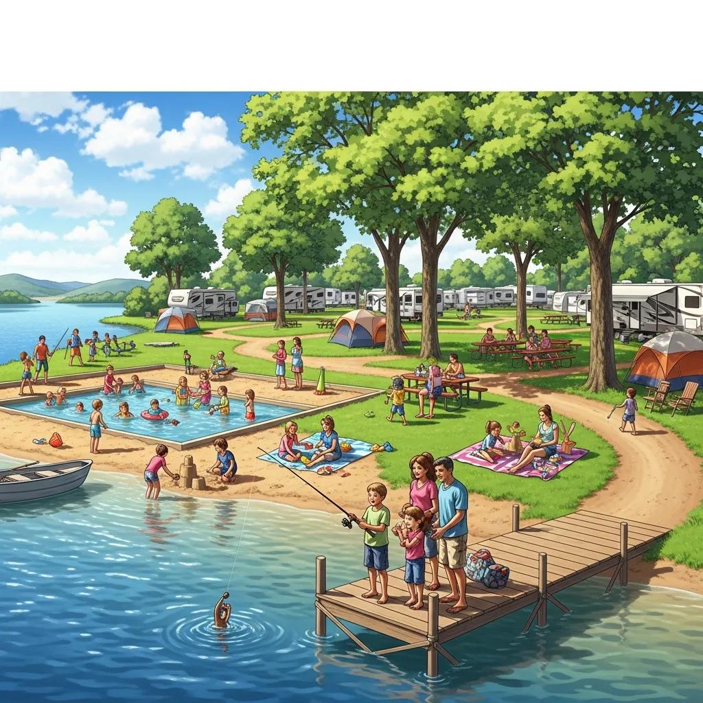 Family-friendly campground near a Michigan lake with families fishing and swimming