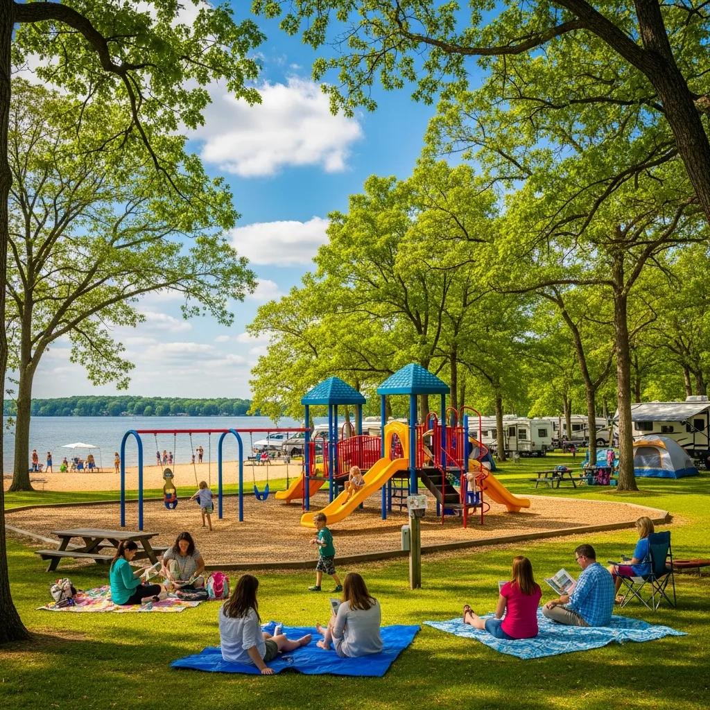 Family-friendly campground near Fort Wayne with children playing and a scenic lake view