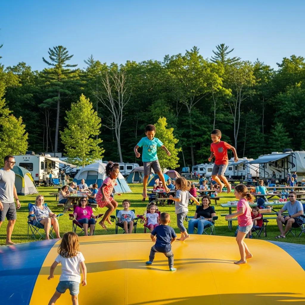 Family-friendly campground scene at Indian Creek Campground in Michigan with children playing and families enjoying outdoor activities