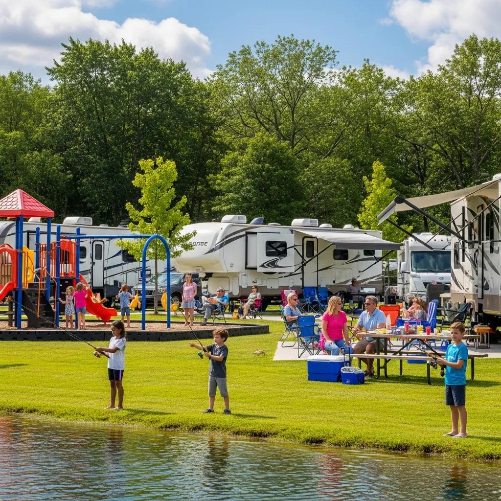 Family-friendly campground scene near Detroit with families enjoying outdoor activities