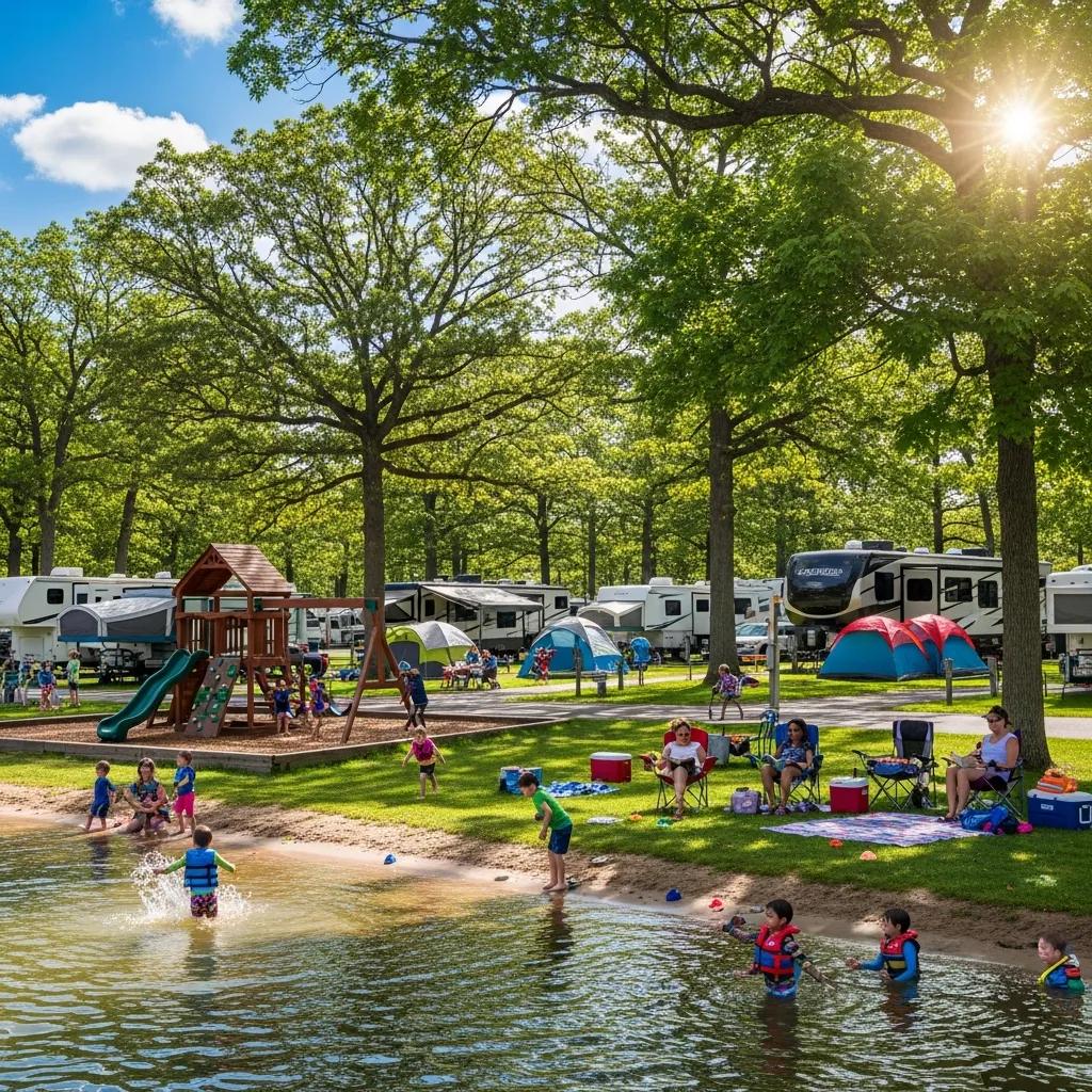 Family-friendly campground with families swimming, playing, and relaxing near Waterloo MI