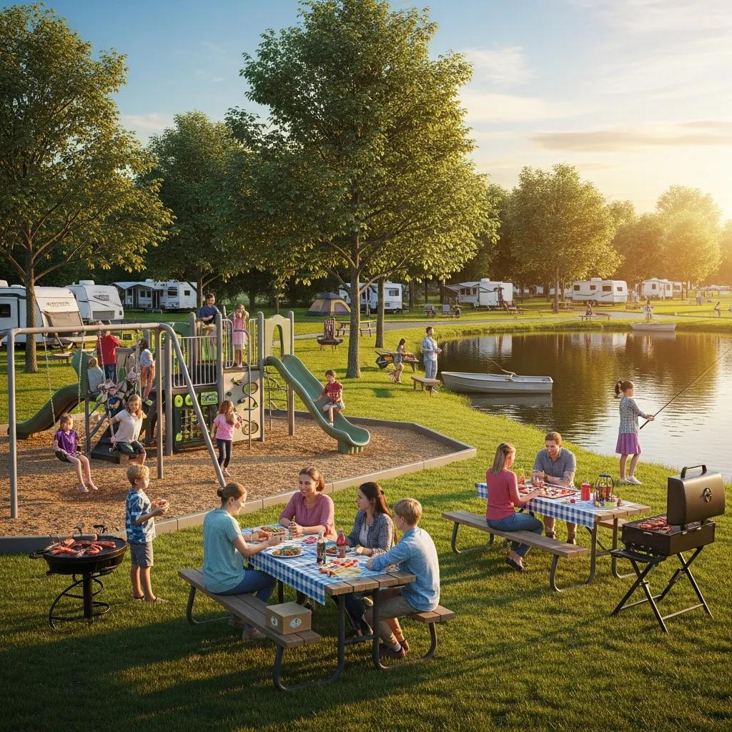 Playground, fishing pond, and families enjoying outdoor activities at a campground