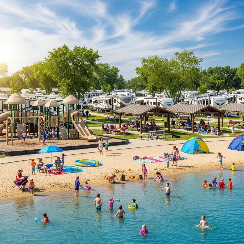 Family-friendly campground showing a swimming area, playground, and RV sites
