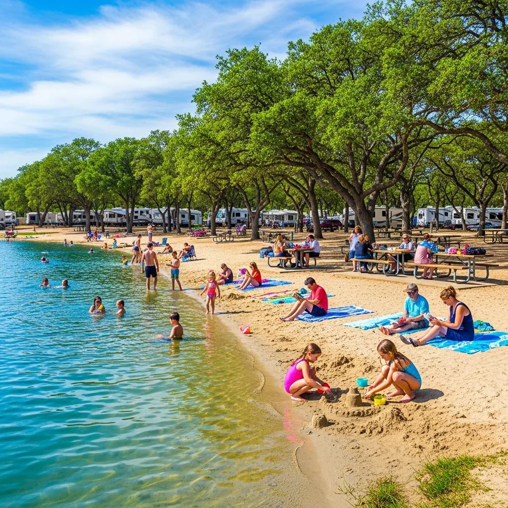 A family-friendly beach at a campground — gentle shoreline, kids building sandcastles, and parents nearby
