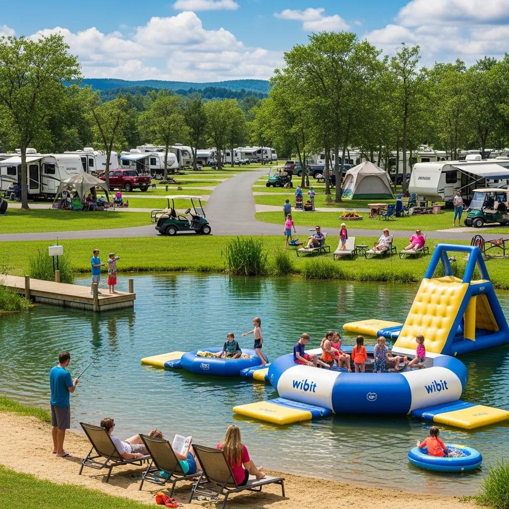 Family-friendly campground with unique amenities near Waterloo, featuring a water park and fishing pond