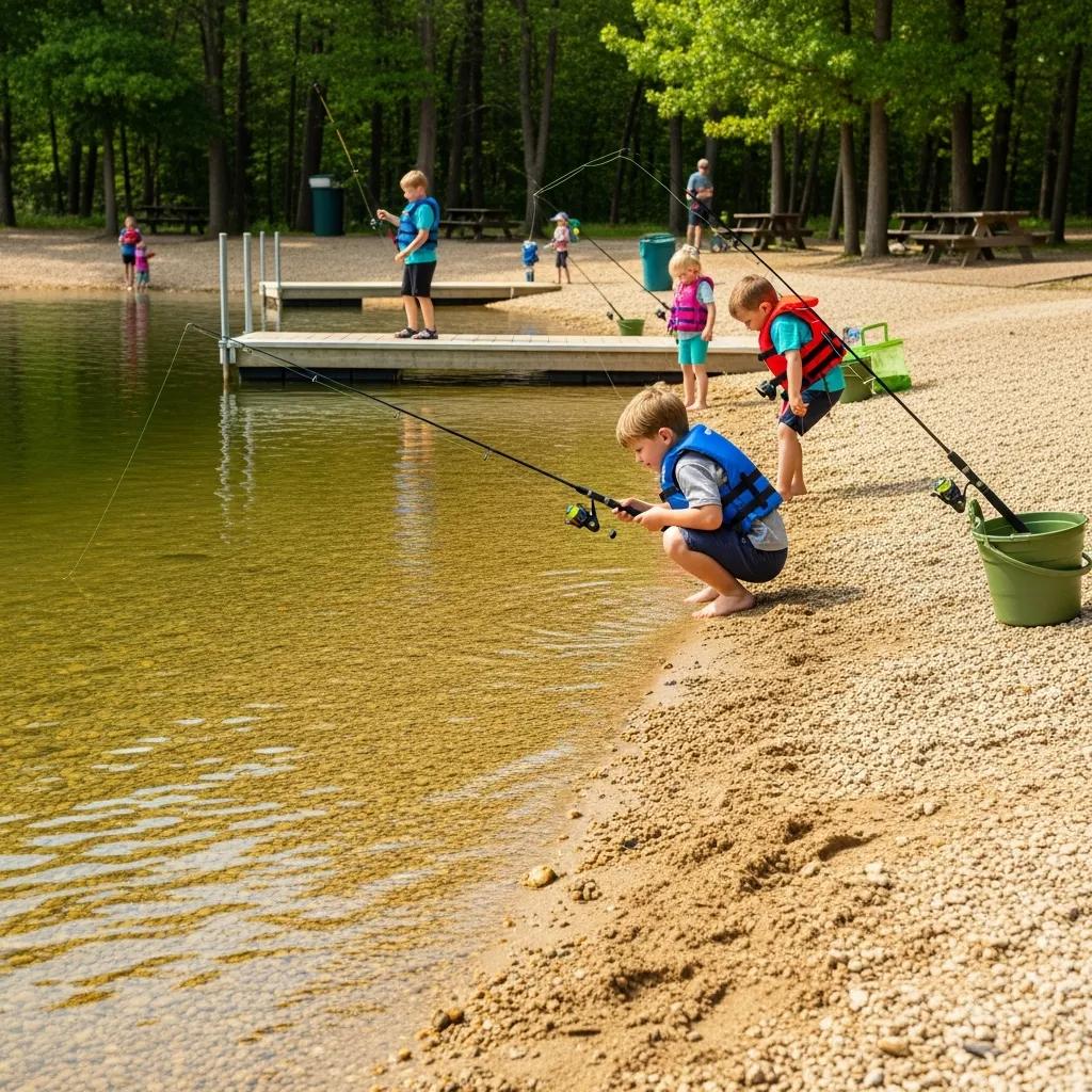 Child-safe fishing pond with gentle, sandy shoreline