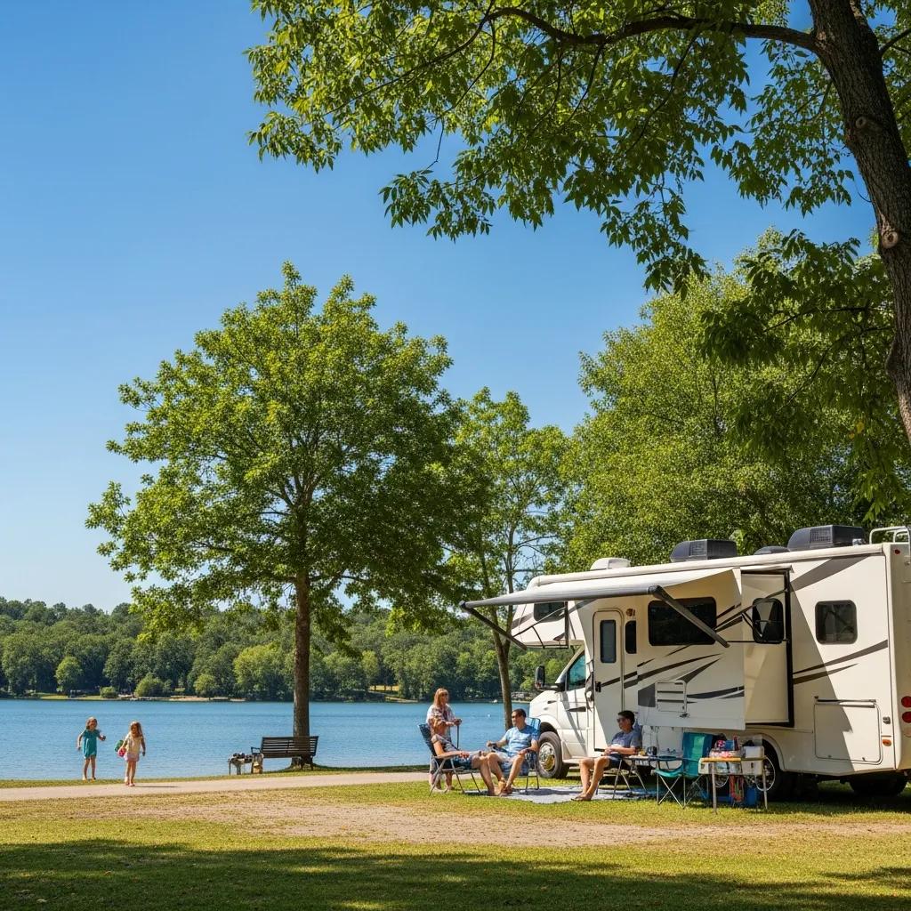 Family-friendly RV camping scene near a lake at Waterloo State Recreation Area