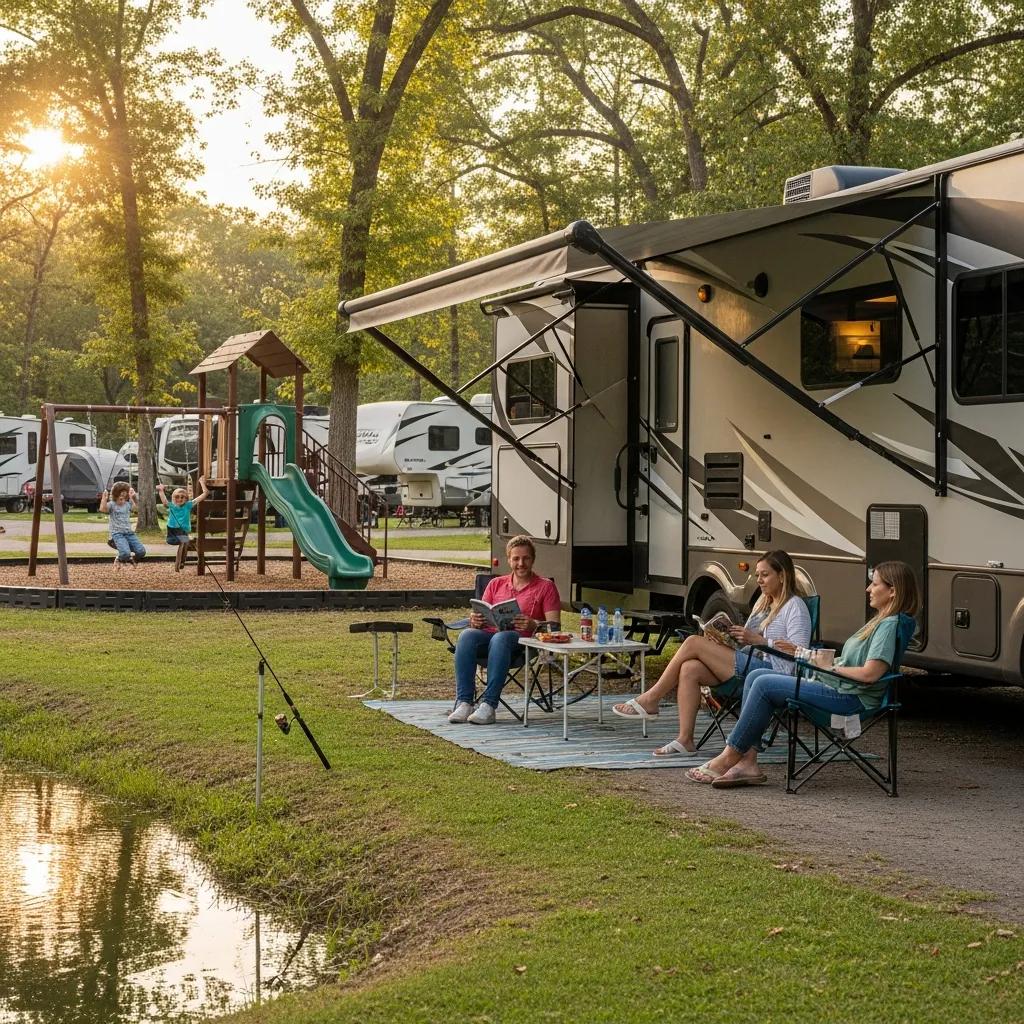 Family RV camping at a campground near Detroit with children playing and a nearby playground