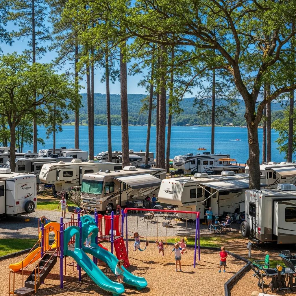 Family-friendly RV park near Portage Lake with children playing and RVs under trees