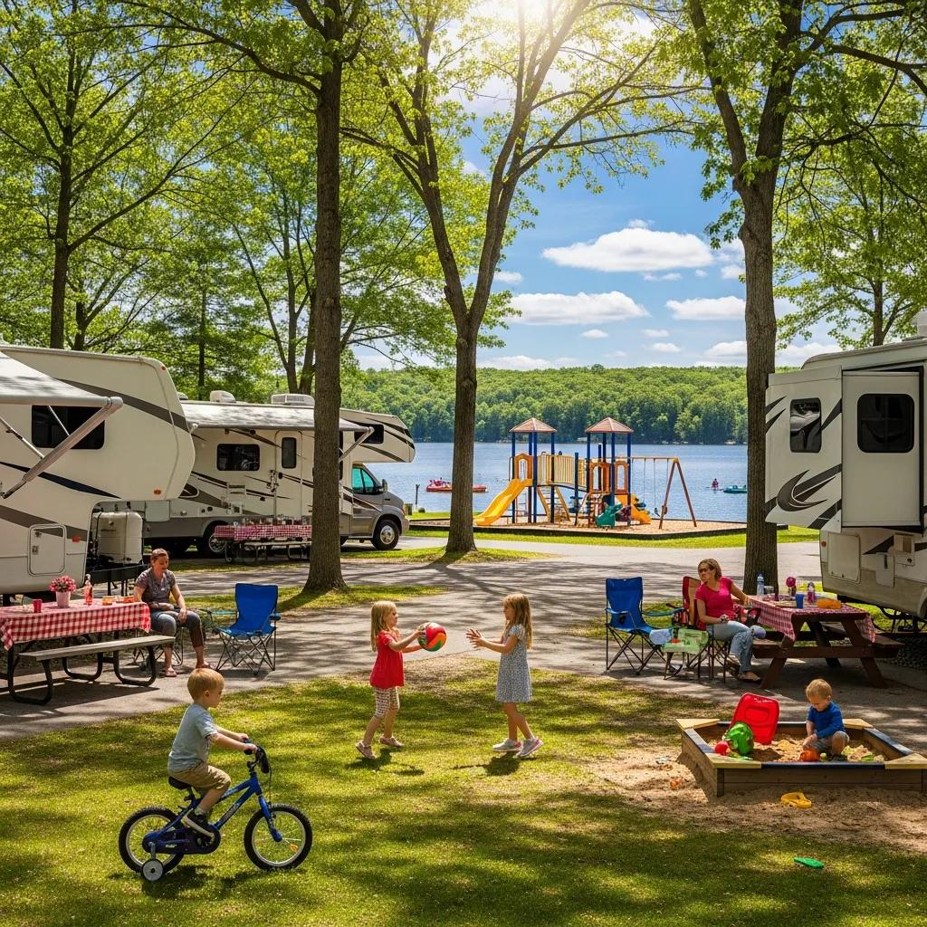 Family-friendly RV park near Waterloo State Recreation Area with RVs, playground, and lake