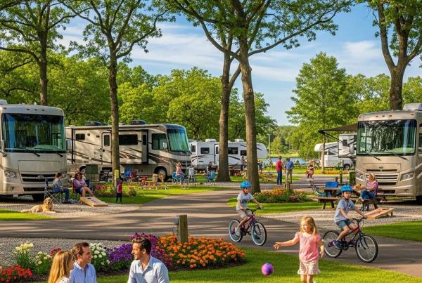 Family-friendly RV park scene near Lansing, Michigan with RVs, trees, and outdoor activities