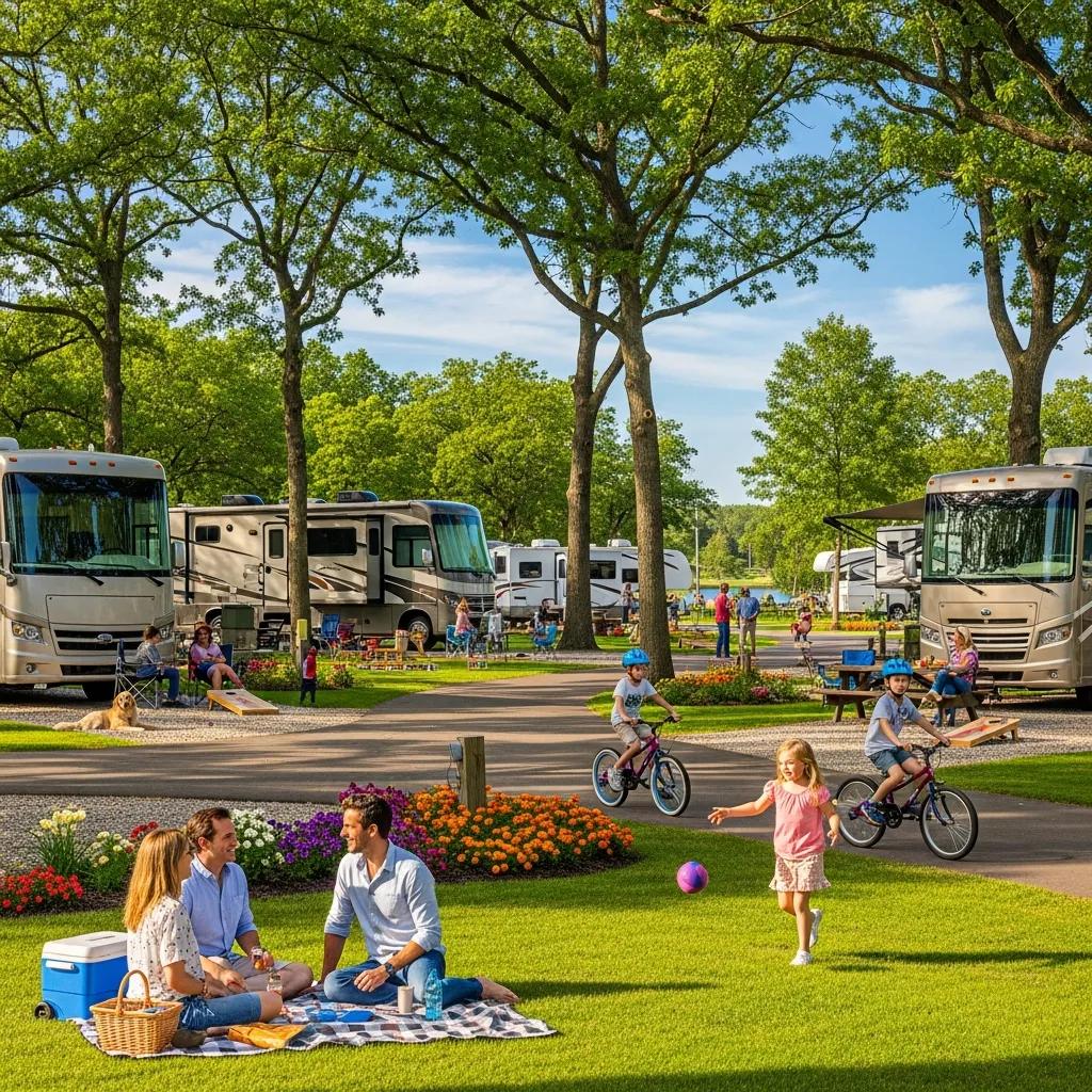 Family-friendly RV park scene near Lansing, Michigan with RVs, trees, and outdoor activities