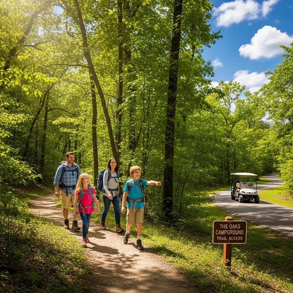 Family hiking along a scenic trail near The Oaks Campground, showcasing lush greenery and a golf cart trail