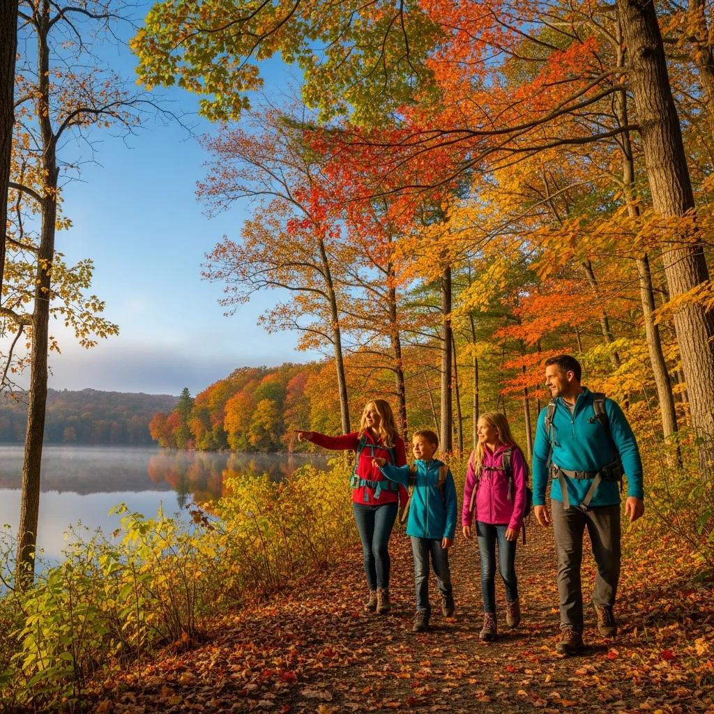 Family hiking a scenic trail in a Michigan state park with fall foliage