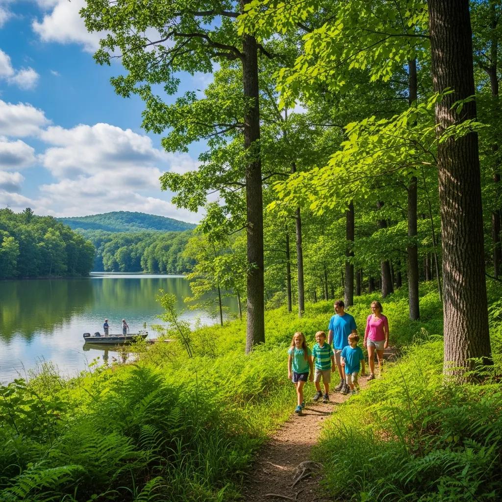 Family hiking in Waterloo State Recreation Area — trails and lakes ready for day trips from The Oaks Campground