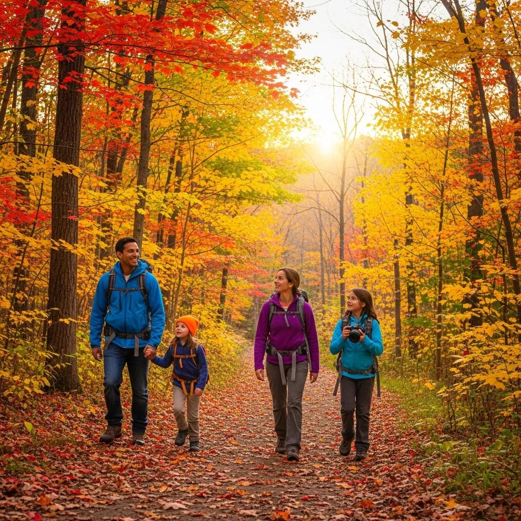 Family hiking a scenic trail in a Michigan State Park during fall