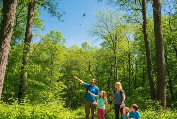 Family hiking on a scenic trail in Michigan, highlighting nature and outdoor adventure