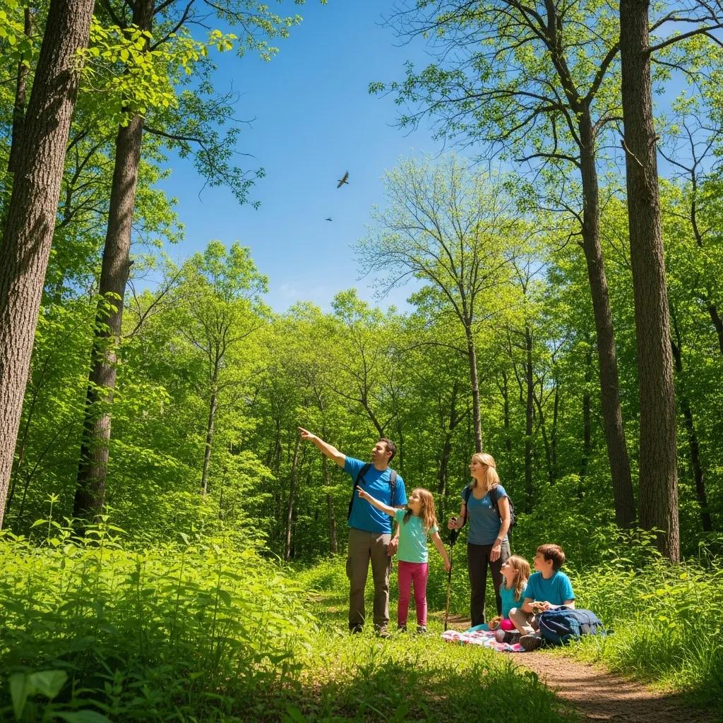 Family hiking on a scenic trail in Michigan, highlighting nature and outdoor adventure