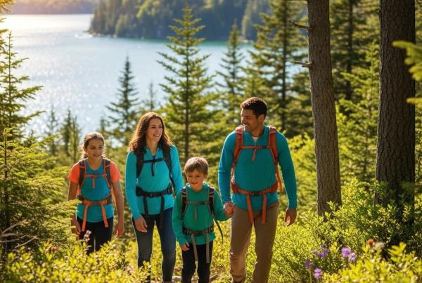 Family hiking on a scenic trail in Michigan, showcasing the beauty of nature and outdoor activities