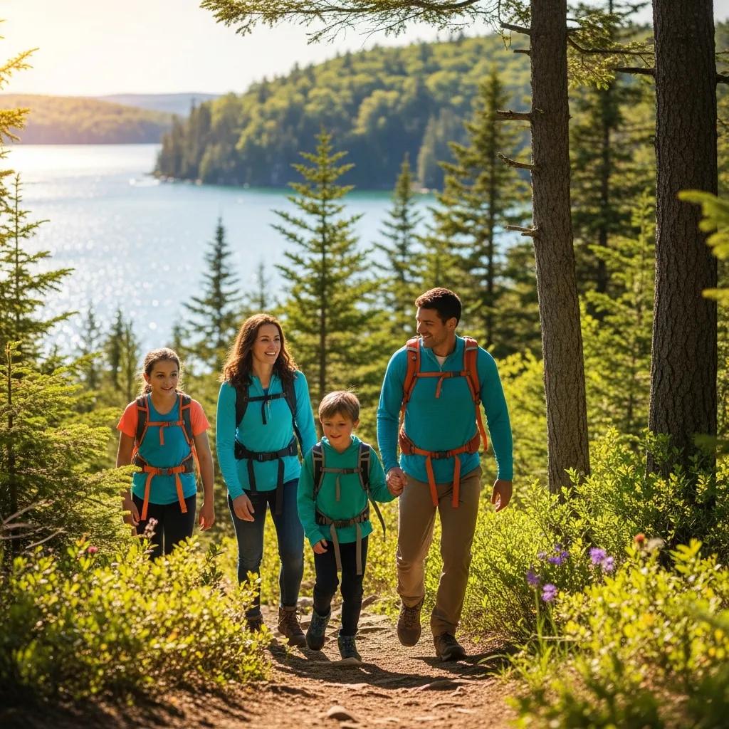 Family hiking on a scenic trail in Michigan, showcasing the beauty of nature and outdoor activities
