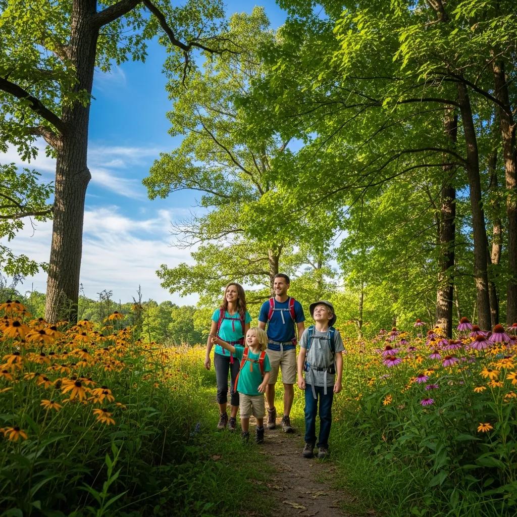 Family hiking a scenic trail in Waterloo Recreation Area