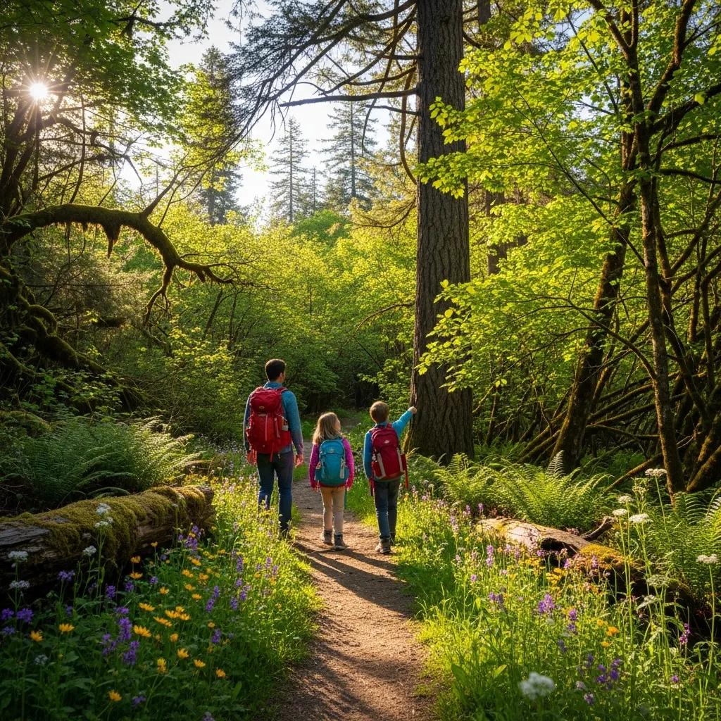Family hiking a scenic trail in Waterloo State Recreation Area surrounded by nature