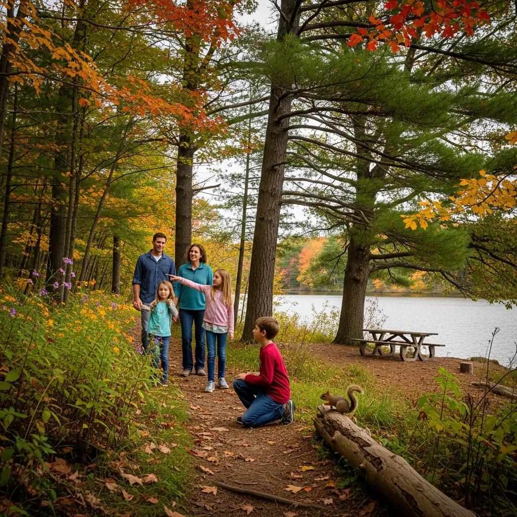 Family walking a trail through varied landscape at Waterloo State Recreation Area