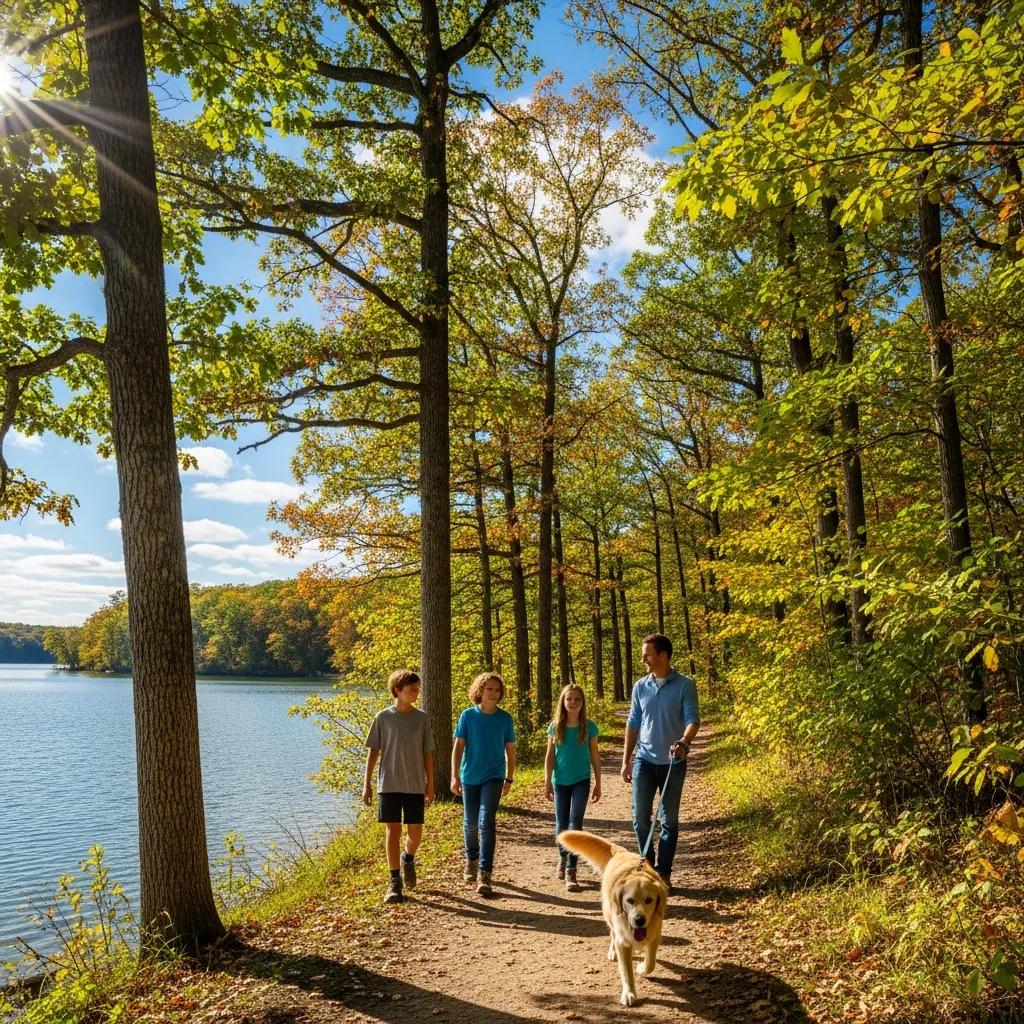 Family hiking with their dog on a scenic Michigan trail
