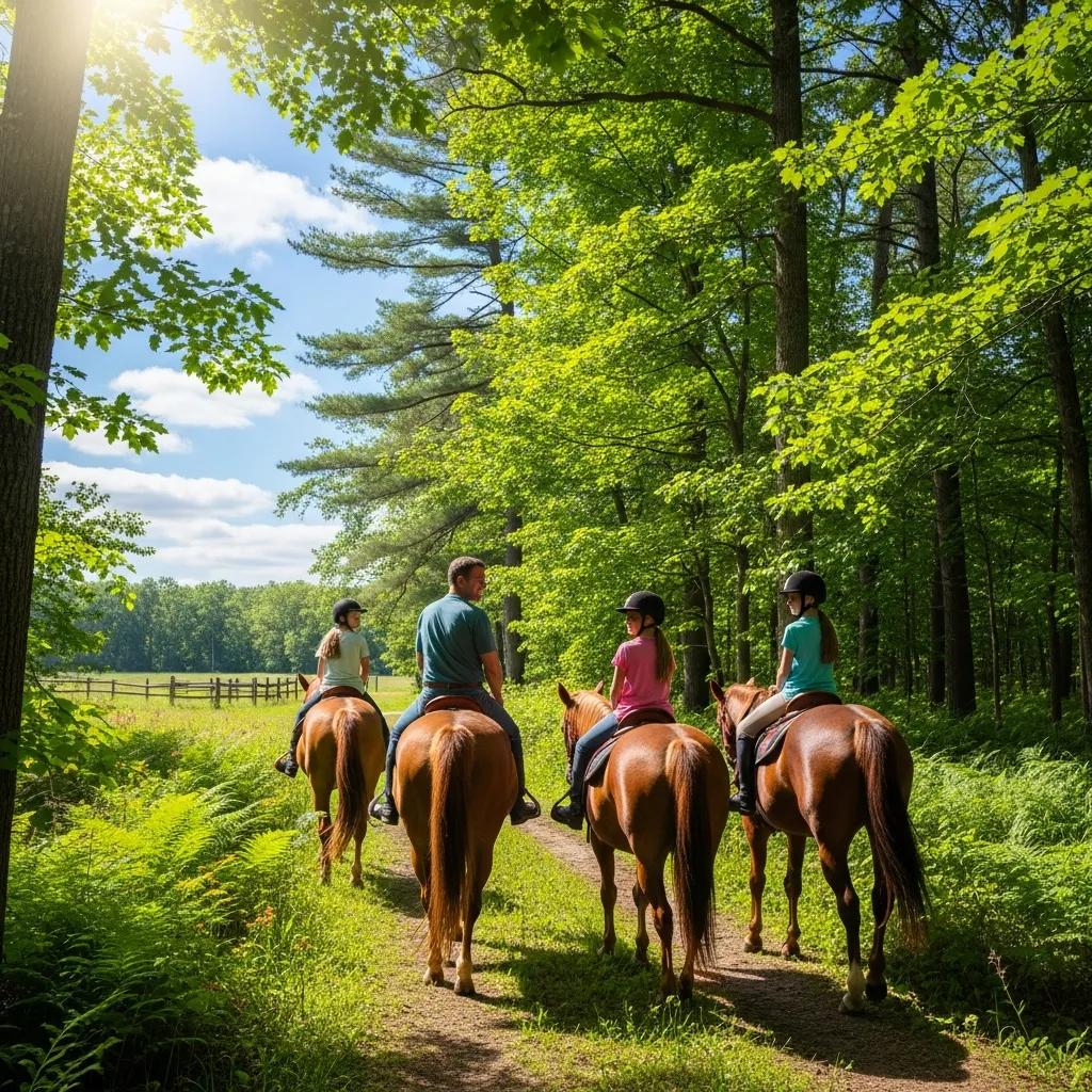 Family horseback riding in a Michigan campground surrounded by nature