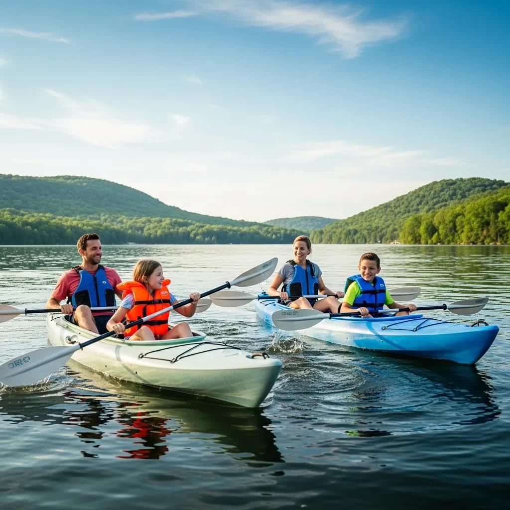 Family kayaking on a lake near Waterloo State Recreation Area