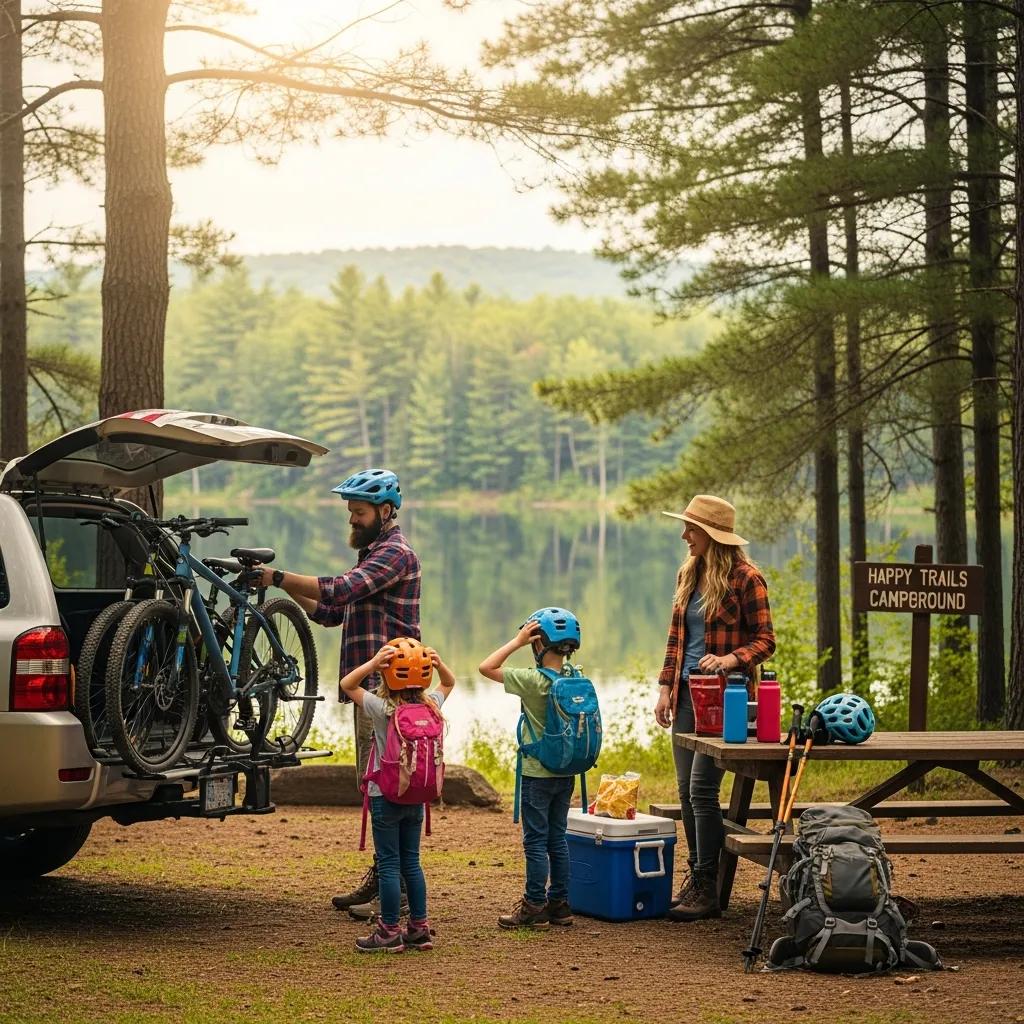 Family packing for a day trip from their seasonal campsite in Michigan