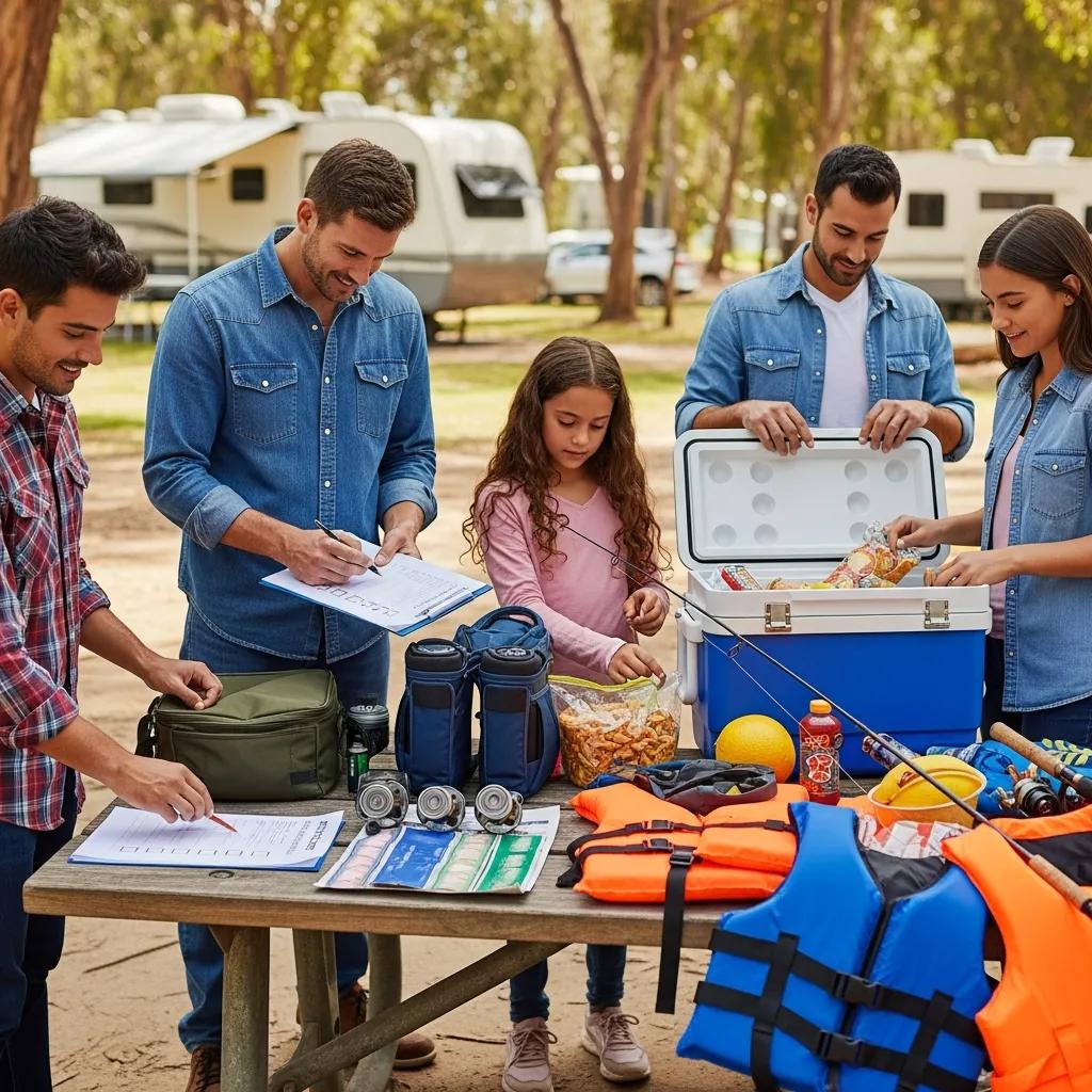 Family checking a simple fishing and camping checklist before heading to the lake