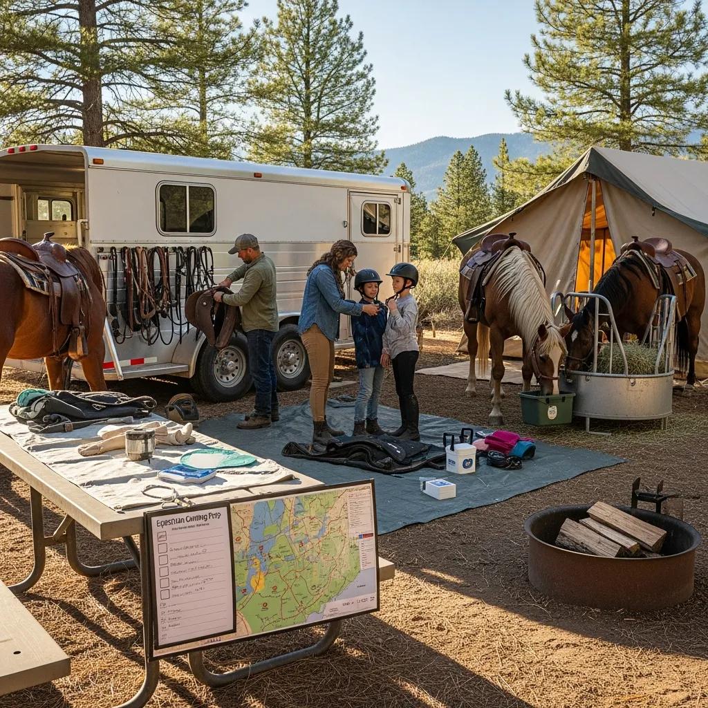 Family prepping a horse trailer and checklist for an equestrian camping trip