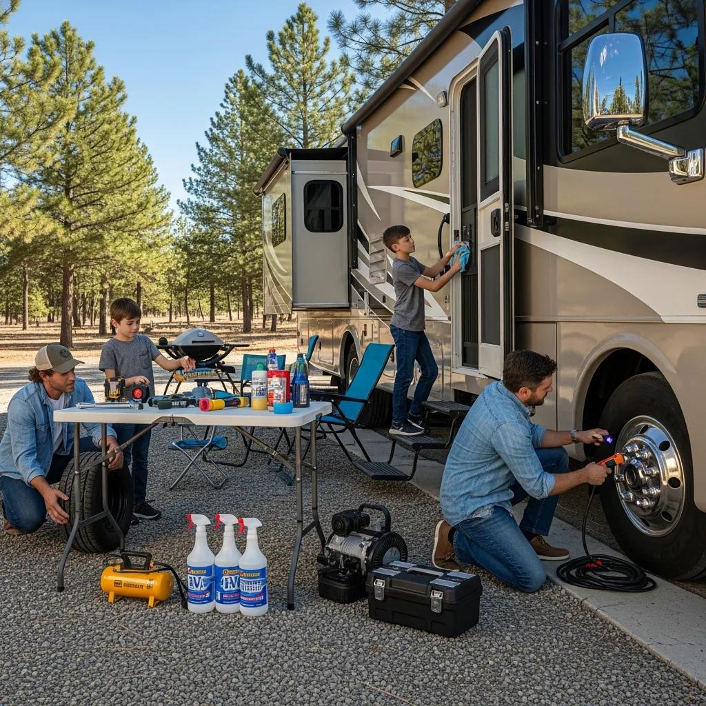 Family preparing their RV for a seasonal stay, inspecting tires and maintenance supplies at a campsite