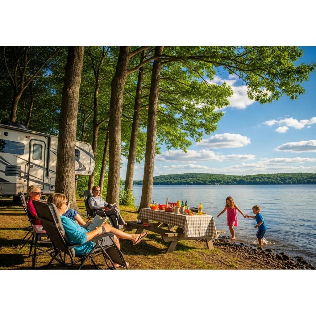 Family RV camping near Portage Lake, showcasing outdoor recreation and lakeside relaxation
